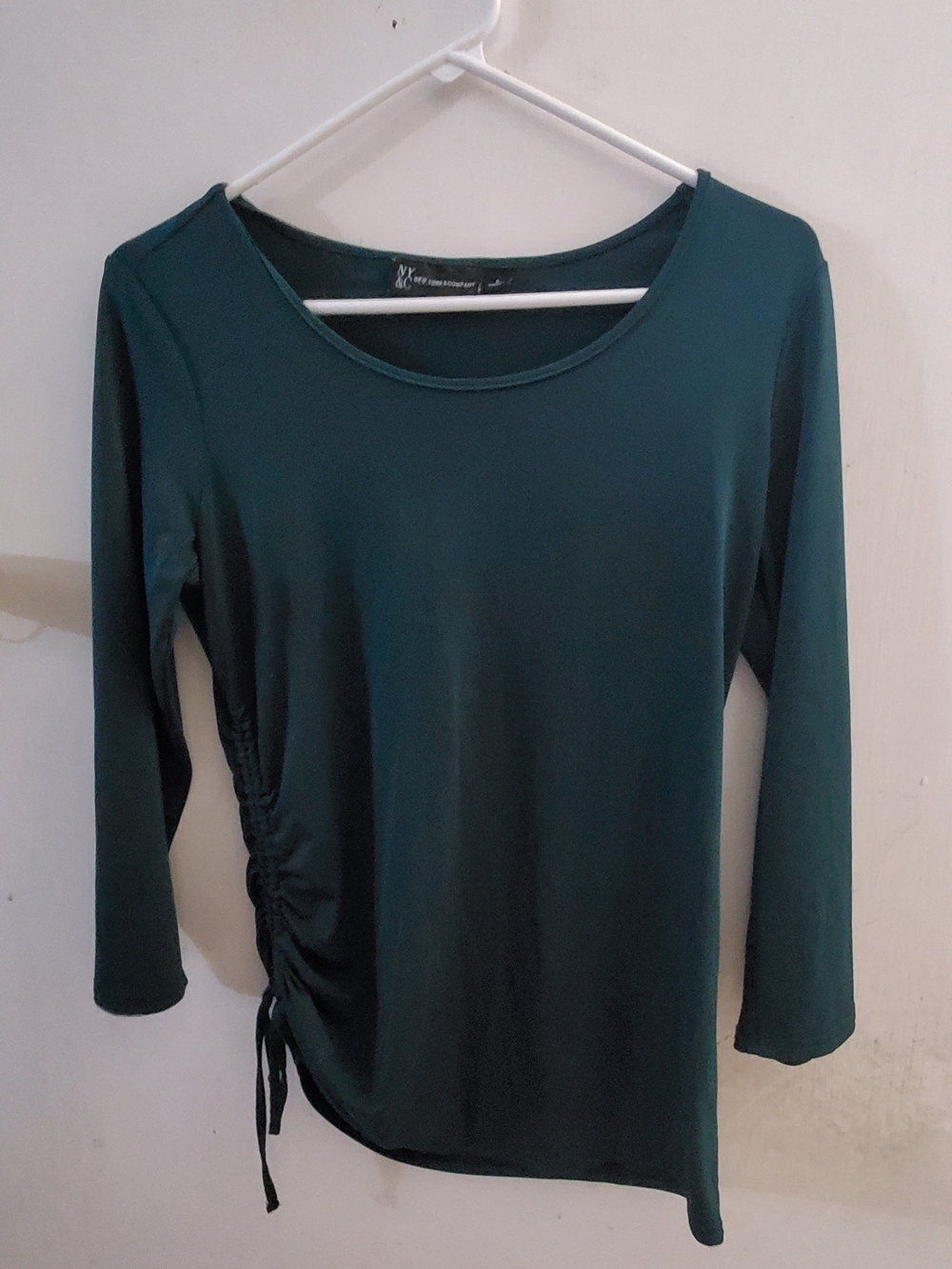 New York & Company Dark Green Ruched-Side Quarter Sleeve Top